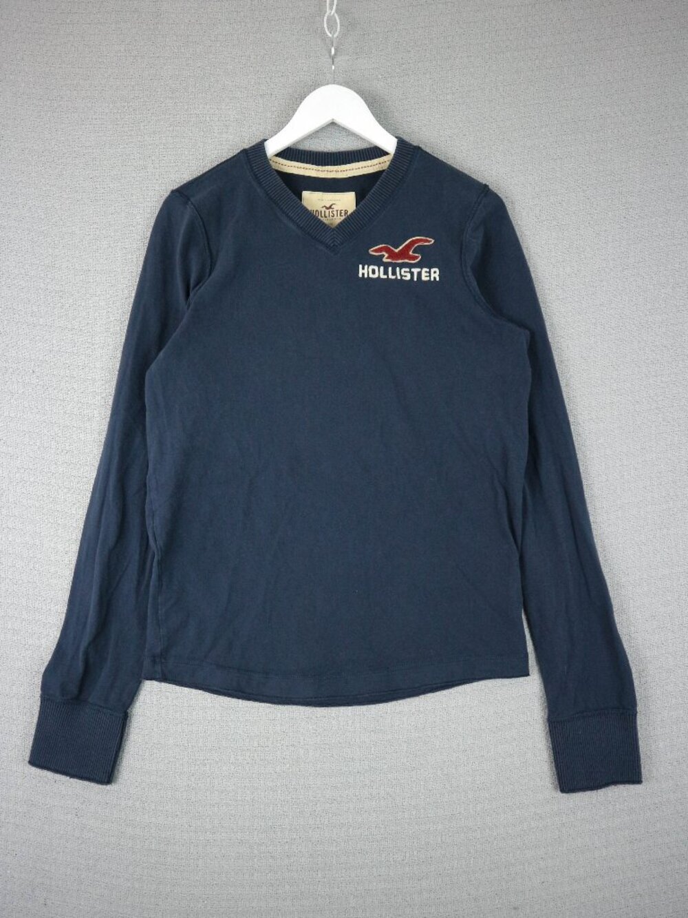 Hollister V Neck Cotton Longsleeve Heather Grey Vintage Mens Large Y2K Logo